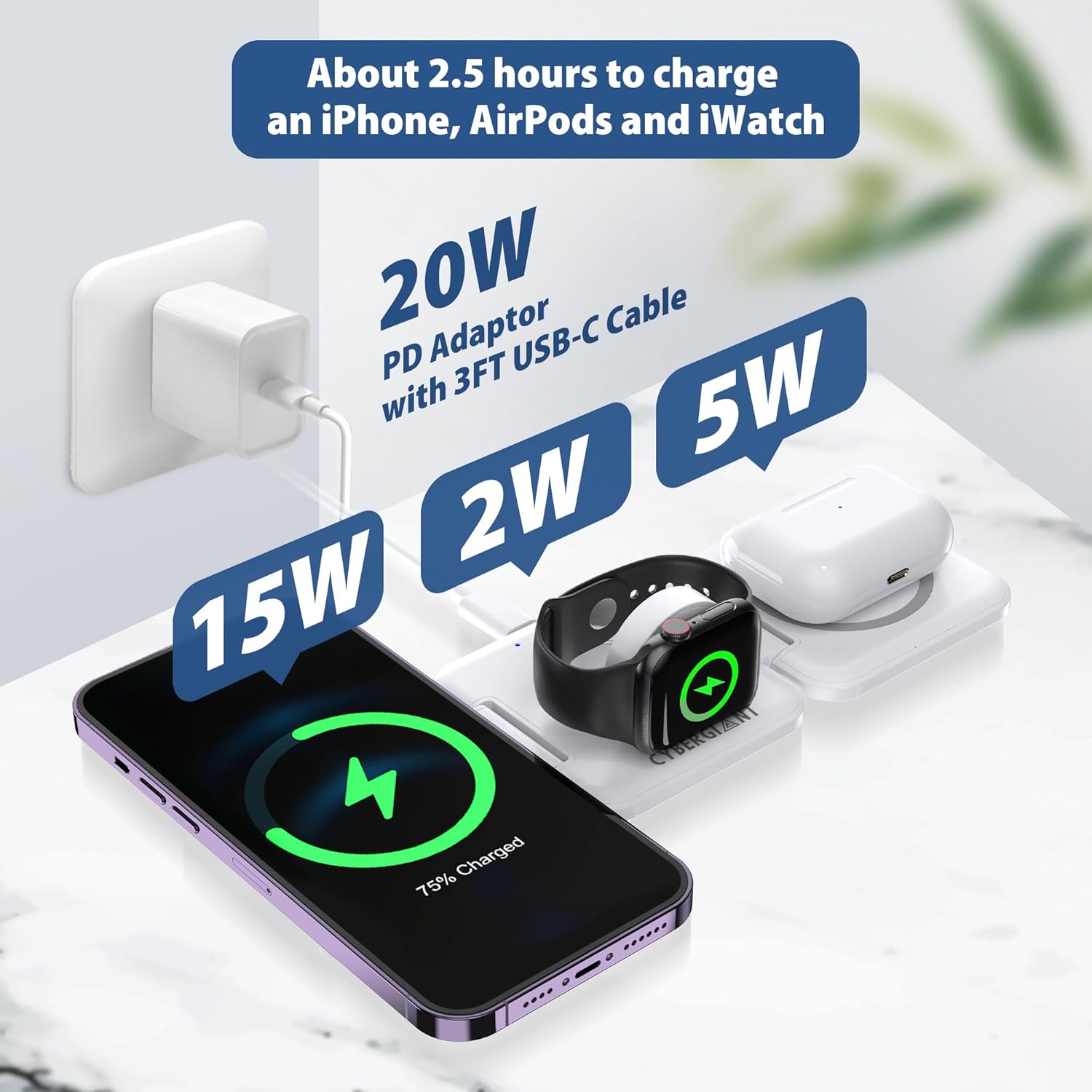 3 in 1 Apple Charging Station for iPhone Airpods iWatch - Travel Charger for Multiple Devices, Portable Foldable Charging Station - Magnetic iPhone Charger with Adaptor&Case (White) - Image 2