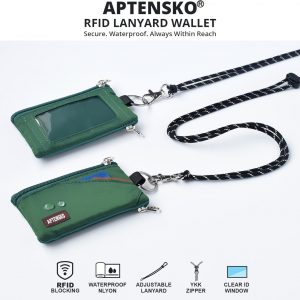 RFID Travel Wallet with Adjustable Lanyard-Zipper Small Wallet with ID Card Holder, Keychain for women&men-Minimalist Slim Waterproof Nylon case for ID, Cash, Key (Forest Green)