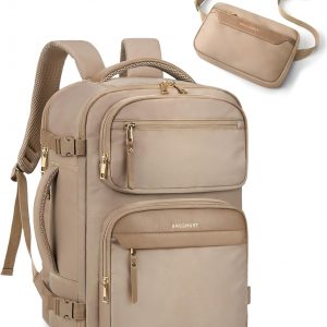 BAGSMART Womens Backpack Carry On Flight Approved, Travel Backpack for Women with Waist Bag,Traveling Lightweight Weekender Casual Daypack 17.3″ Laptop Work Back pack Personal Item Bag,Champagne