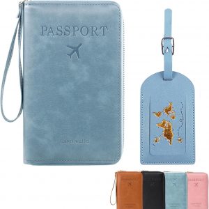 Multi-Functional RFID Passport Wallet Set, Blocking Passport Holder Travel Wallet, Holds Phones, Anti-Theft Protective Case with Multiple Card Pockets for Secure Travel Essentials (Blue)