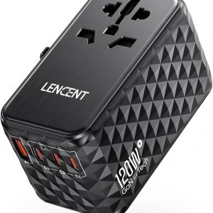 LENCENT 120W Universal Travel Adapter, GaN International Travel Adapter with 3 USB-C 1 USB-A Ports, Worldwide Fast Charger for Cameras Phones, All in One Power Converter for USA EU UK AUS Black