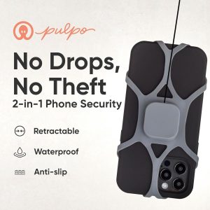 Pulpo Anti Theft Phone Leash with Retractable Dyneema Tether, Secure Phone Leash and Strap for Skiing, Kayak, Travel and Festivals, Fits Smartphones up to 6.8 Inches, Stealth Grey