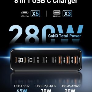 280W USB C Charger Block, 8-Port USB C Charging Station GaN III PD 65W Laptop Charger Adapter Compatible with MacBookPro/Air,DELL,iPad,Portable Charging Station for iPhone,Samsung Galaxy (Black)