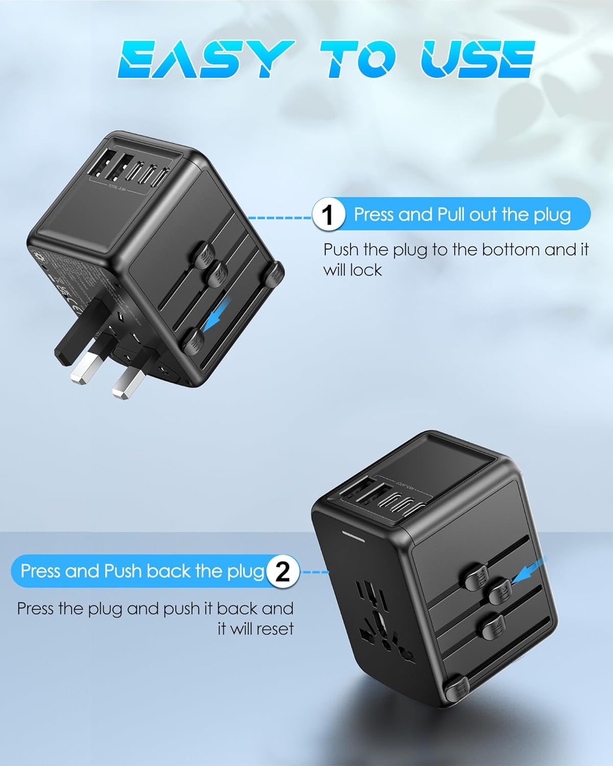 Universal Travel Adapter, 6.0A 30W 5 USB C/A Ports + 2500W AC Outlets, International Power Adapter for All USB Devices, Multi Plugs 110V 220V A/C, European Travel Plug Adapter for 200+ Countries - Image 7