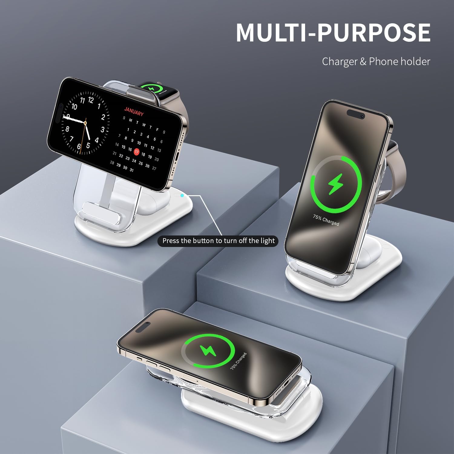 2026 Traveling Wireless Mag-Safe Fast Charging Station,Magnetic 3 in 1 Charger with Light for iPhone 17 16 15 14 13 12 Pro Max Plus,Apple Watch& Air pods 4 3 2 Pro-Gifts for Wife & Husband(White) - Image 3