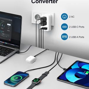 Upgraded 2500W 220V to 110V Voltage Converter US to Europe, Power Converter Adapter Combo with 2 USB-A 2 USB-C Port & UK/AU/US/IT/European/Asia Travel Outlet Plug Adapters for Hair Dryer