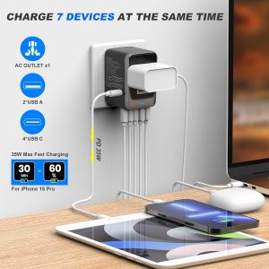 Universal Travel Adapter, PD 35W 7 in 1 International Power Plug Adapter with 7.0A 4 USB-C and 2 USB-A Fast Wall Charger, Worldwide AC Outlet for US Europe UK AUS (Black+Silver)
