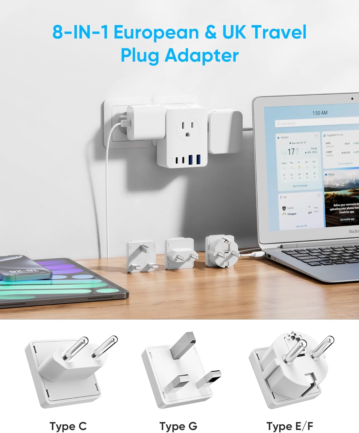 European Travel Plug Adapter, 5ft Detachable Extension Cord with Type C/G/E/F Plug Kit, 4 AC Outlets, 4 USB Ports (2 USB C), UK Germay France Greece Travel Plug Adapter - Image 2