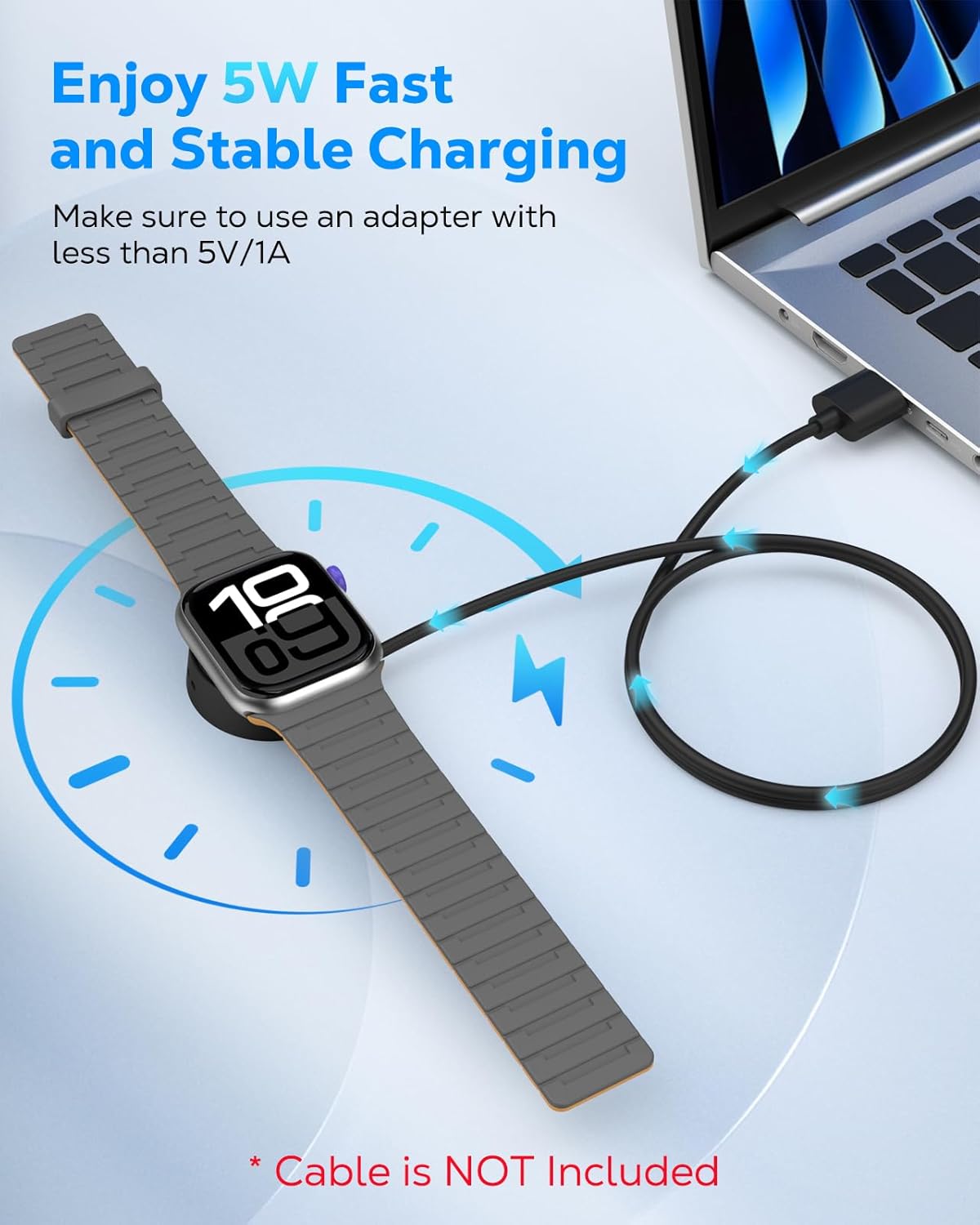MoKo Portable Charger for Apple Watch, Magnetic Charger Adapter for iWatch Series 11 10 9 8 7 6 5 4 3 2 1, SE3/2/1, Ultra3/2/1, 5V/1A Fast Charging Dock with USB-C Port and Anti-Loss Lanyard, Black - Image 4