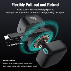Retractable Wall Charger, 35W PD Fast Charger Block with Type C Retractable Cable (31.5 inch) and Type C Ports, Portable Charger Adapter for iPhone 17/16/15 Pro Max/Galaxy/Pixel & More