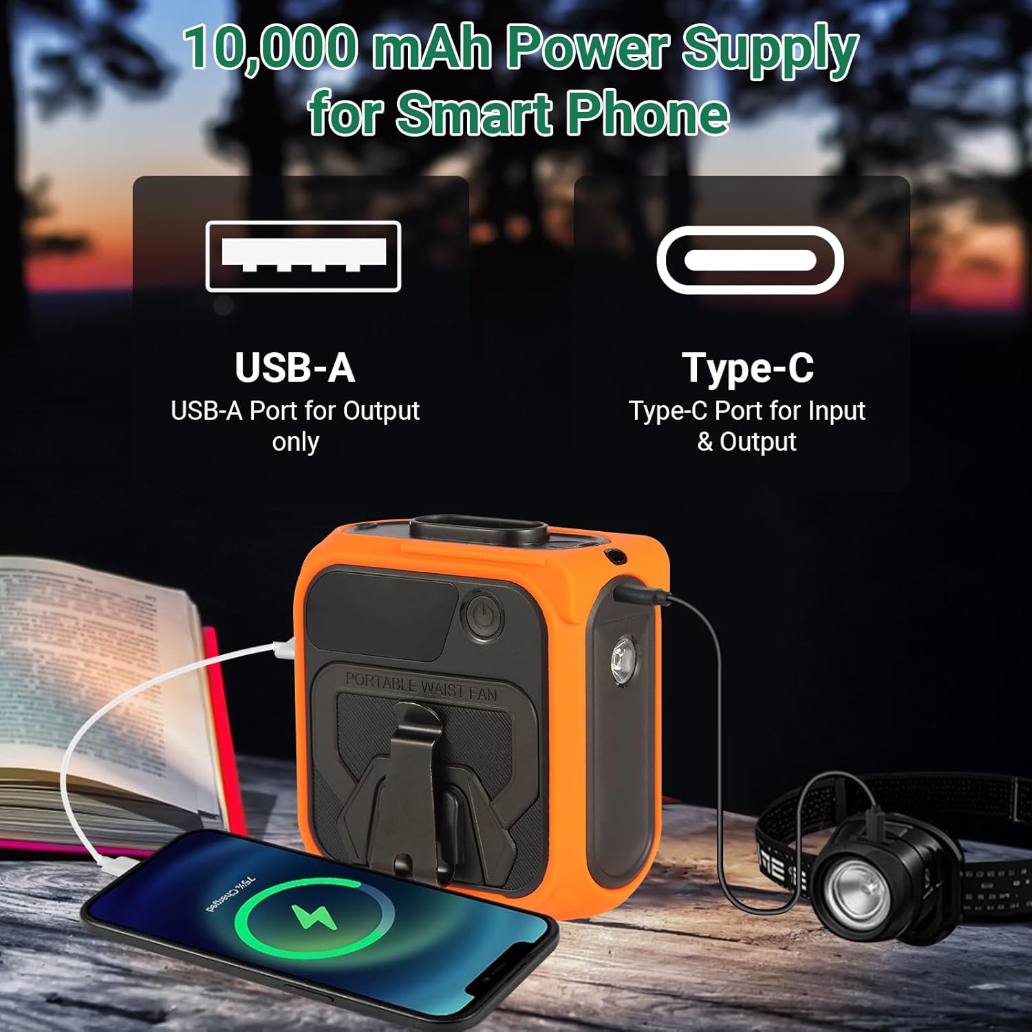 Portable Waist Fan with 5 Speeds & LED Flashlight & 10000mAh Power Bank for Smart Phone Birthday Gift Personal Waist Belt Wearable Cooling Fans for Outdoor Camping Travel Adventure - Image 4