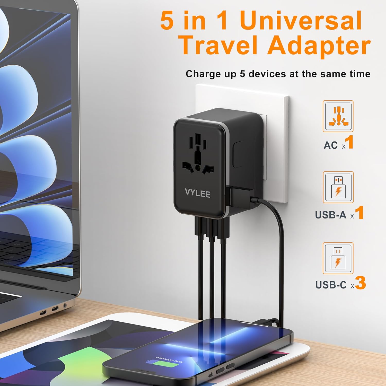 Universal Travel Adapter, VYLEE 70W International Plug Adapter with PD Fast Charging, 5-Port (1 AC/1 USB-A/3 USB-C), Wall Charger Worldwide Travel Essentials Plug for USA EU UK AUS Japan (Black) - Image 2