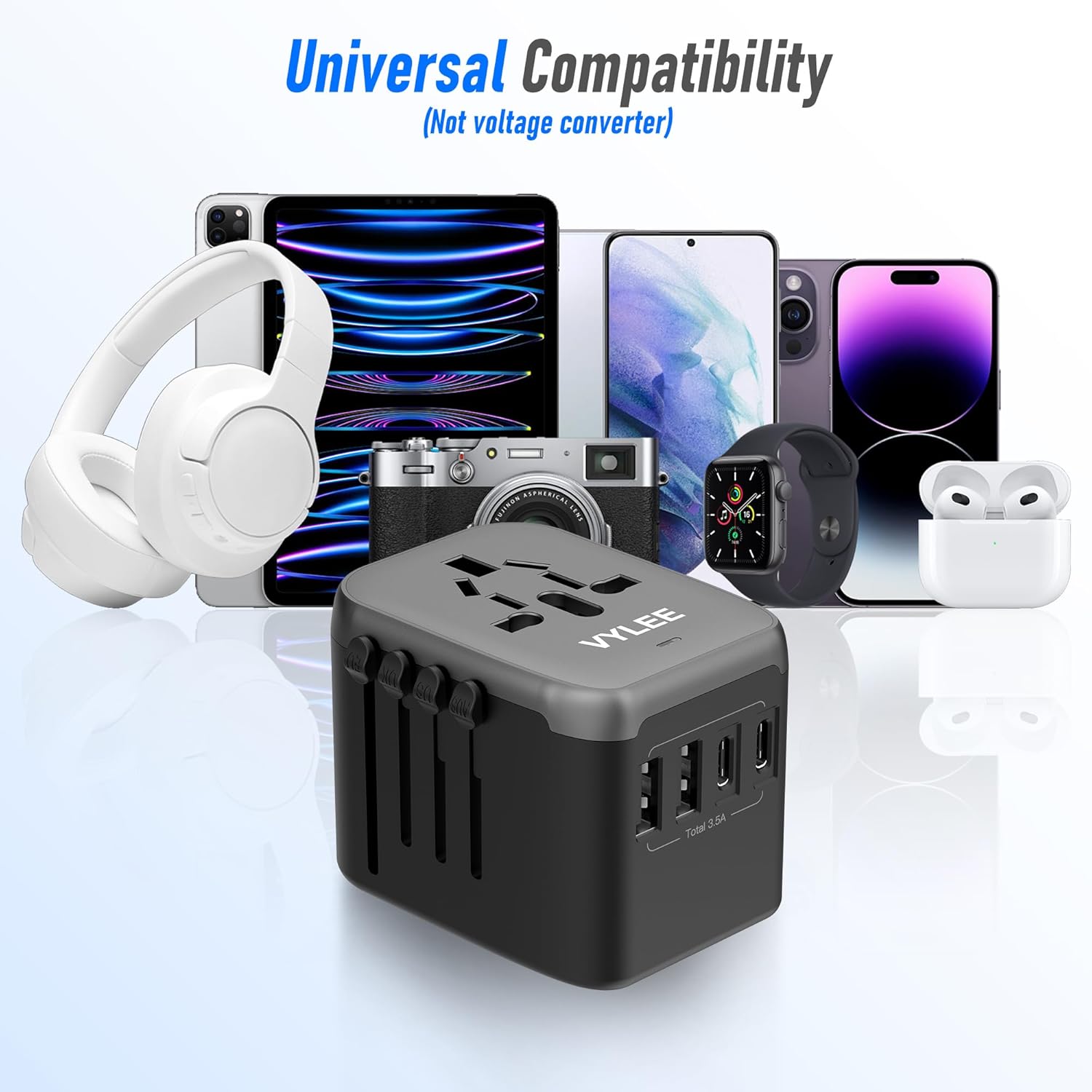 Universal Travel Adapter, VYLEE 5 in 1 International Power Adapter, 3.5A 2xUSB-A and 2xUSB C Wall Charger, Worldwide Travel Essentials Plug for Europe USA UK AUS Asia (Black Grey) - Image 7