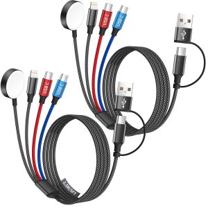 Dual Type-C Port 4 in 2 Multi Charging Cable for Apple iWatch Charger/iPhone 17/Lightning, Travel Charger for Multiple Devices, Christmas Gift for iWatch Ultra/SE/10-1, iPhone16-8, iPad – 2Pcs 5FT