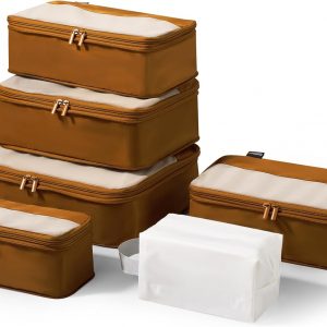 6 Set Compression Packing Cubes for Travel Essentials, Luggage Organizers for Suitcases (Dark Brown)