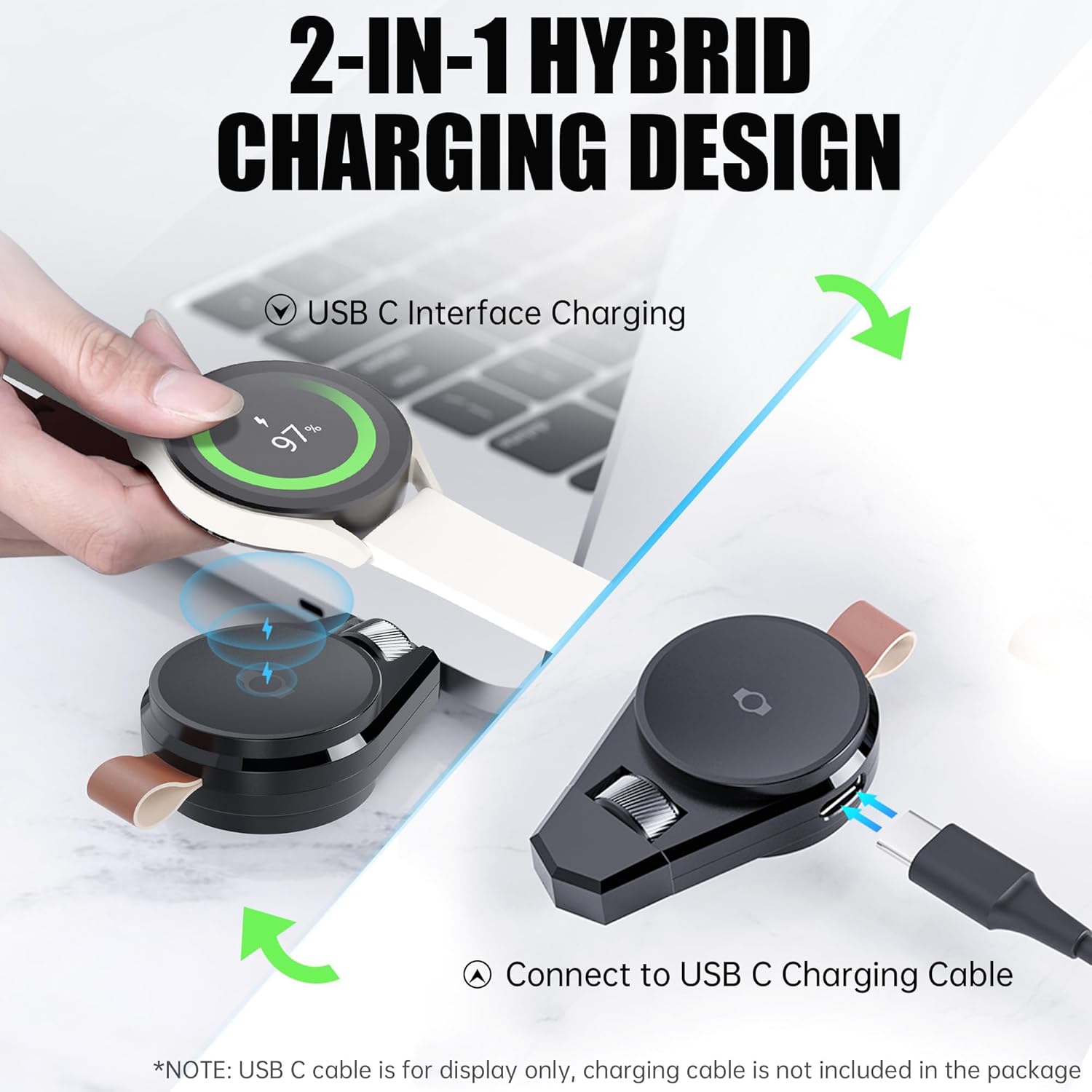 Portable Charger for Samsung Galaxy Watch 7/8, 2 in 1 USB-C Travel Charger Compatible with Galaxy Watch 8/7/6/6 Classic/5 Pro/4/3, 90° Rotatable Smartwatch Charging for Galaxy (No Built-in Battery) - Image 3