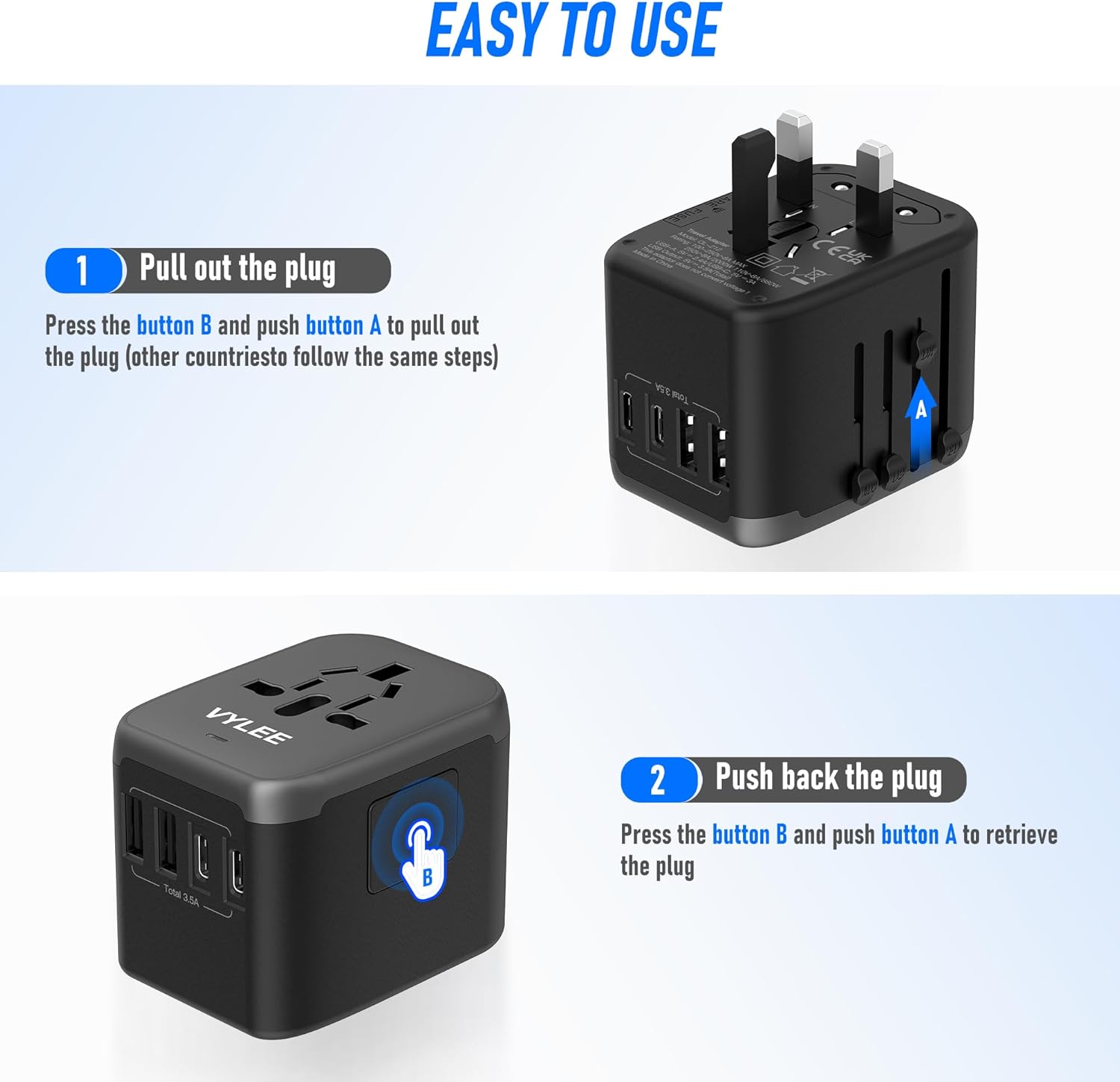 Universal Travel Adapter, VYLEE 5 in 1 International Power Adapter, 3.5A 2xUSB-A and 2xUSB C Wall Charger, Worldwide Travel Essentials Plug for Europe USA UK AUS Asia (Black Grey) - Image 5