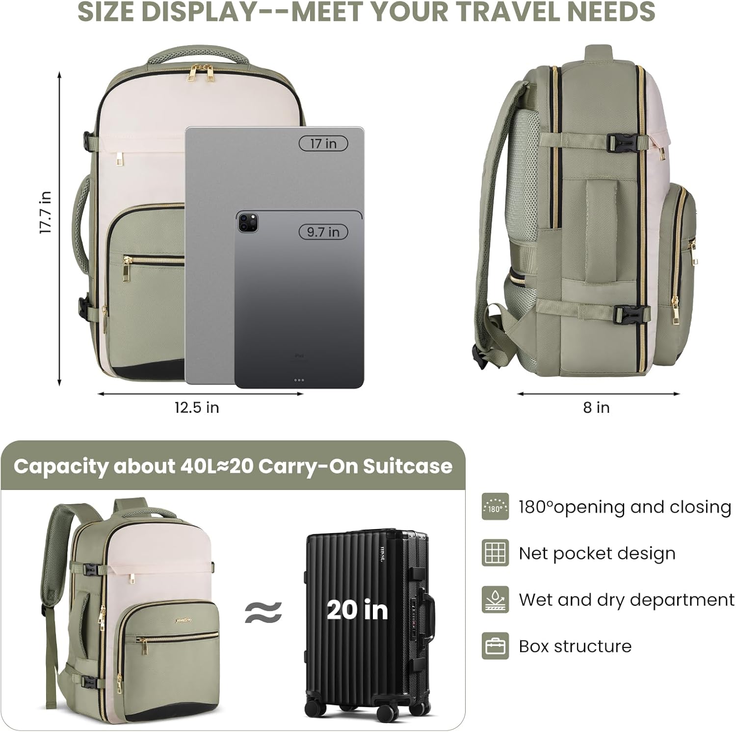 YAMTION 40L Large Travel Backpack for Women,Carry On Luggage with 4 Packing Cubes, Airline Approved Weekender Backpacks for Personal Items fits 17 Inch Laptop - Image 4