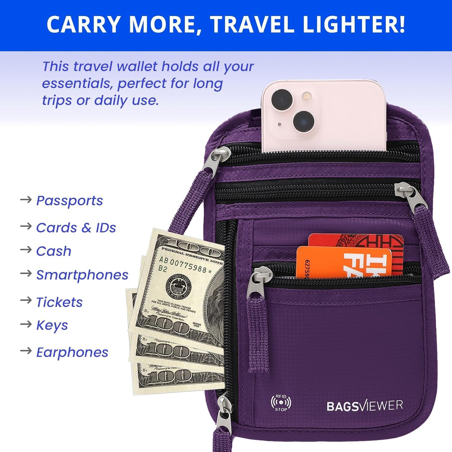 Neck Wallet, RFID Blocking Passport Holder for Travel, Waterproof and Slim Pouch with Adjustable Neck Strap for Men, Women to Secure Cash and Credit Cards, 8" × 8.5" - Image 2