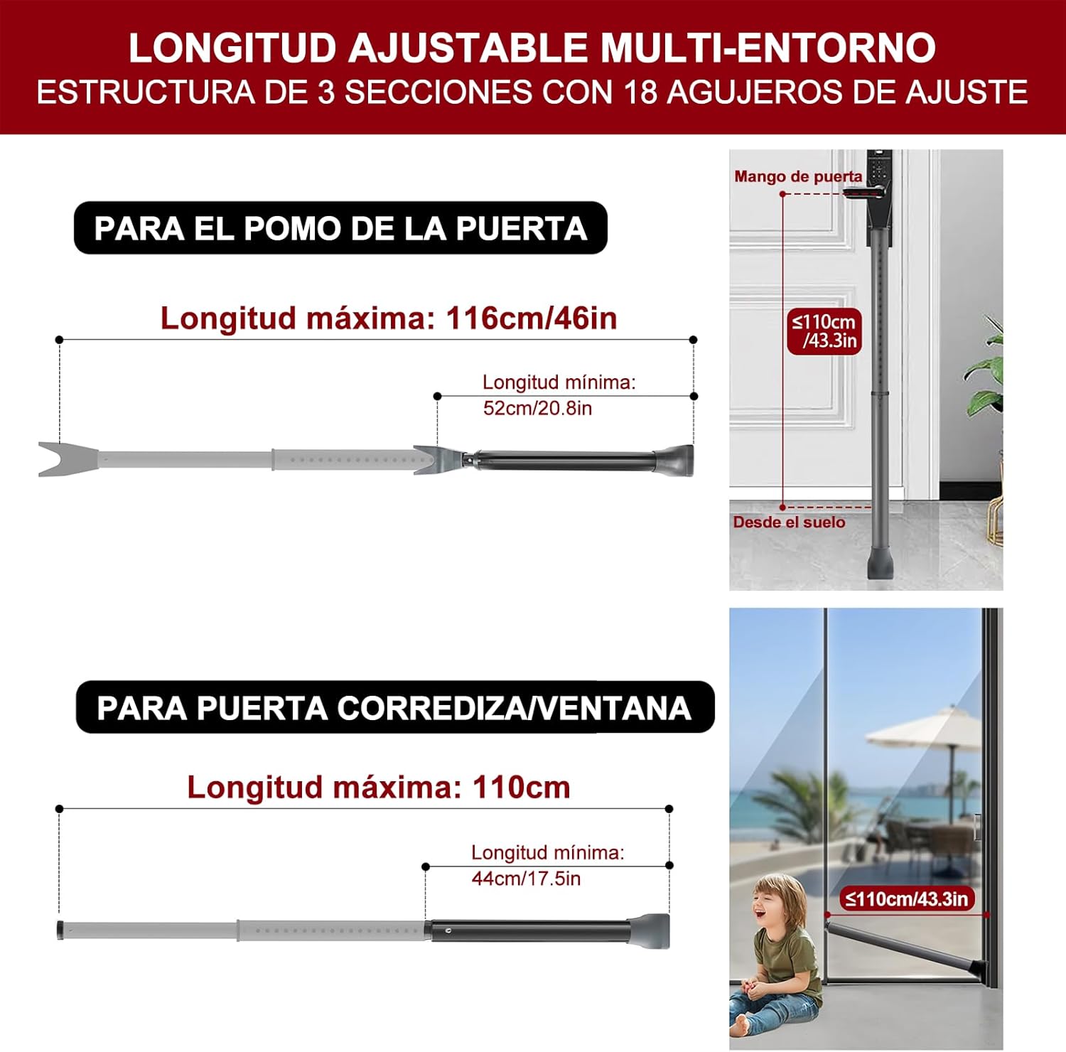 AceMining Upgraded Door Security Bar & Sliding Patio Bar, Heavy Duty Stoppers Adjustable Jammer for Home, Apartment, Travel (1 Pack,Grey) - Image 3