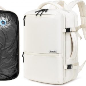 Dinictis Vacuum Seal Travel Backpack 60L Built-in Pump, Expandable Backpack with Vacuum Compression Fits 17 inch Laptop, Water Resistant Carry On Suitcase Luggage for Short Trip and Business-Beige