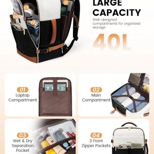 LOVEVOOK Travel Backpack for Women, TSA Carry On Backpack Flight Approved Luggage, 40L Water Resistant Personal Item Daypack Large Weekender Bag fit 17 inch Laptop with 3 Cubes, Beige-black-brown