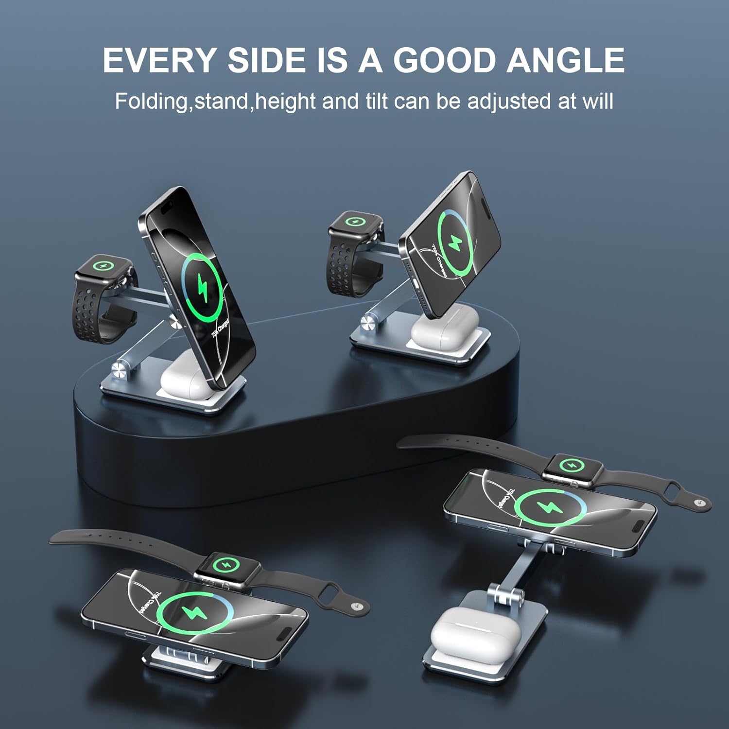 Wireless Charger 3 in 1,Foldable Wireless Charging Station for Apple MagSafe Charger,Aluminum Portable Magnetic Travel Charger Stand for iPhone,Watch,Aipods (with 20W Adapter & Case) - Image 6