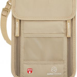 Alpha Keeper Neck Wallet, Travel Pouch For Passport Holder And Documents, RFID Blocking, Beige, Unisex Adult, Travelers, Adults