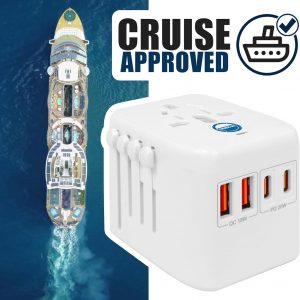 Cruise On Universal Travel Adapter, Cruise Approved (incl Royal Caribbean, Disney, MSC) – International Power Adapter [2 USB-C, 2 USB, AC] World Travel Plug Adapter Converter USA, Italy, Europe, Asia