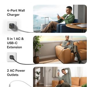 Baseus Charging Station 67W, 5 in 1 Detachable Travel Power Strip USB C Fast Charger, 5ft Flat Extension Cord with 2 AC Outlets, Portable Charger for MacBook Pro, iPhone, Cruise Travel Essentials