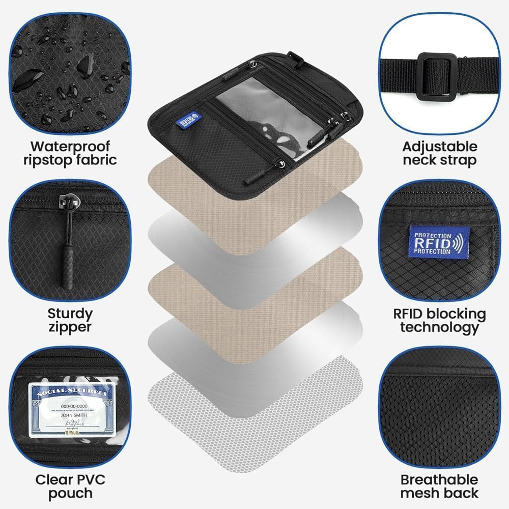 2-Pack RFID Blocking Passport Holder for Travel – Hidden Neck Wallet with Phone Pocket, Lightweight Under-Clothing Pouch Fits 7-inch phone & 2 Passports, Anti-Theft Organizer (Black & Light Gray) - Image 4