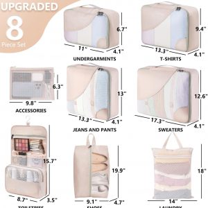 10 Set/8 Set Packing Cubes for Travel, Gifts for Women Mom,Anti-Tearing Suitcase Organizer for Luggage with Shoe & Hanging Toiletry Bag,OlarHike Vacation Essentials & Accessories for Cruise Ship,Cream