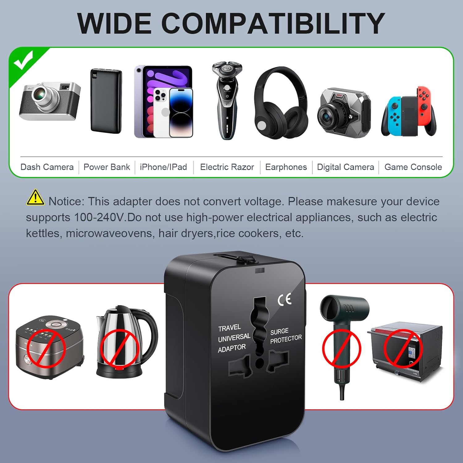 Travel Plug Adapter with 2 USB A+1 USB C,Universal All in One Worldwide Travel Adapter,Power Converters Wall Charger,AC Power Plug Adapter,International Power Adapter for USA EU UK AUS Black - Image 5