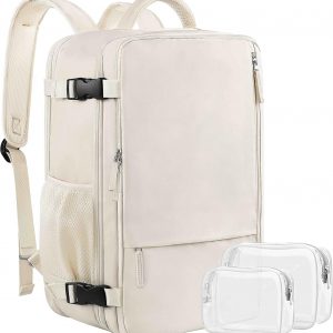 Travel Backpack for Women, Expandable 40L Carry on Flight Approved Backpack, 17 Inch Laptop Waterproof Travel Bag for College, Travel, Work, Beige