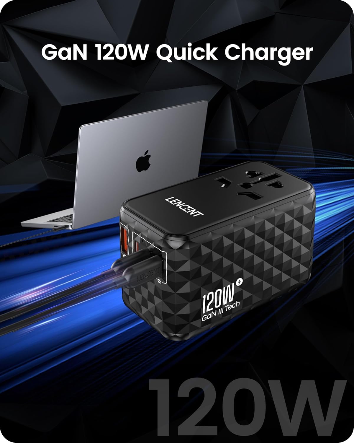 LENCENT 120W Universal Travel Adapter, GaN International Travel Adapter with 3 USB-C 1 USB-A Ports, Worldwide Fast Charger for Cameras Phones, All in One Power Converter for USA EU UK AUS Black - Image 3