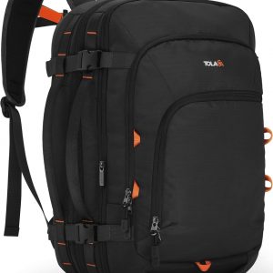 Tolaccea Travel Backpack, TSA Friendly Flight Approved Carry-on Luggage Water-resistant Business Rucksack, Durable Large Computer Bag Daypack Fits 15.6 Inch Laptop, 35-45L Expandable – Black