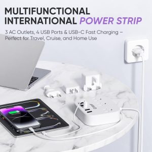 European Plug Adapter, Unidapt US to UK Europe Power Strip for EU/UK/US with USB C and 4 USB Ports, 3 AC Outlets, Wall Mountable, 5ft Extension Cord, for Travel Cruise Ship Home