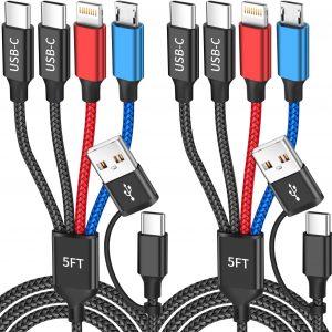 Stocking Stuffers for Men – Travel 4 in 2 Charging Cable with Dual Type-C Port, USBA/C Multi Charging Cable Cords for Multiple Devices, USB C Charger for iPhone17-8, Android, iPad, Car (2Packs 5FT)