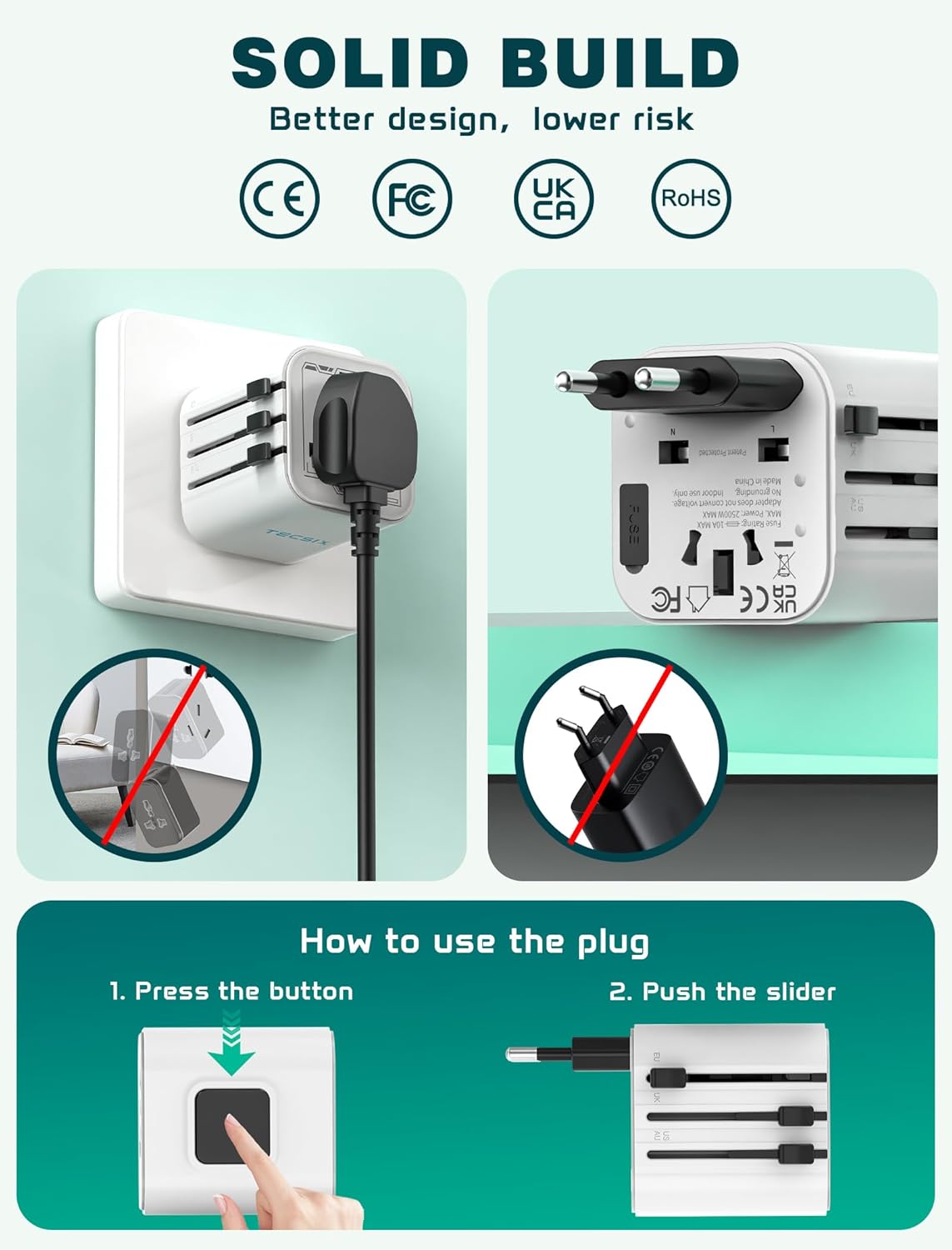 Universal Travel Adapter Worldwide, TECSIX Compact Travel Power Plug Adapter (Type A C G I), 2500W Internetional Wall Charger Outlet Adaptor to Europe, India, UK, US, AUS, Asia 200+ Countries - Image 7