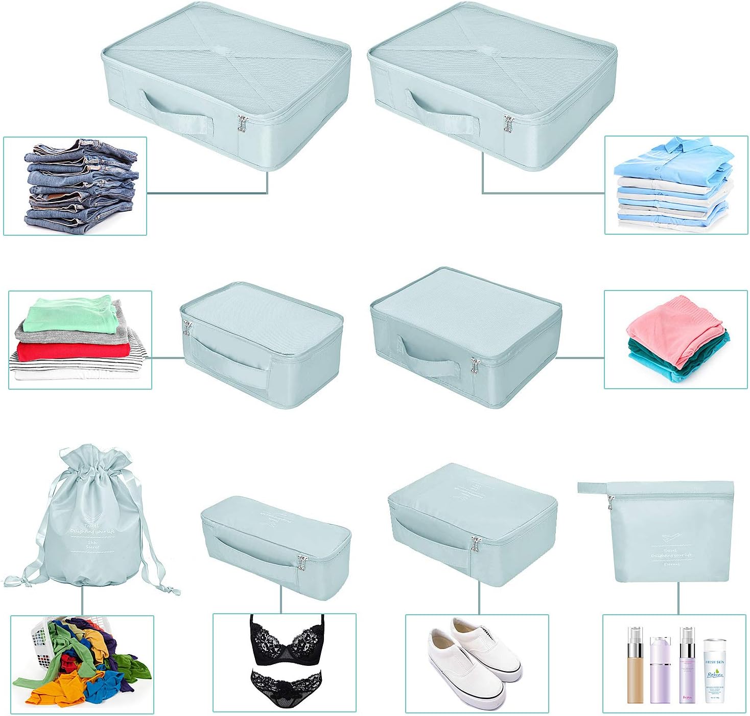 Packing Cubes 8 Sets Travel Luggage Organizers Include Waterproof Shoe Storage Bag Convenient Packing Pouches for Traveller (Blue grey) - Image 3