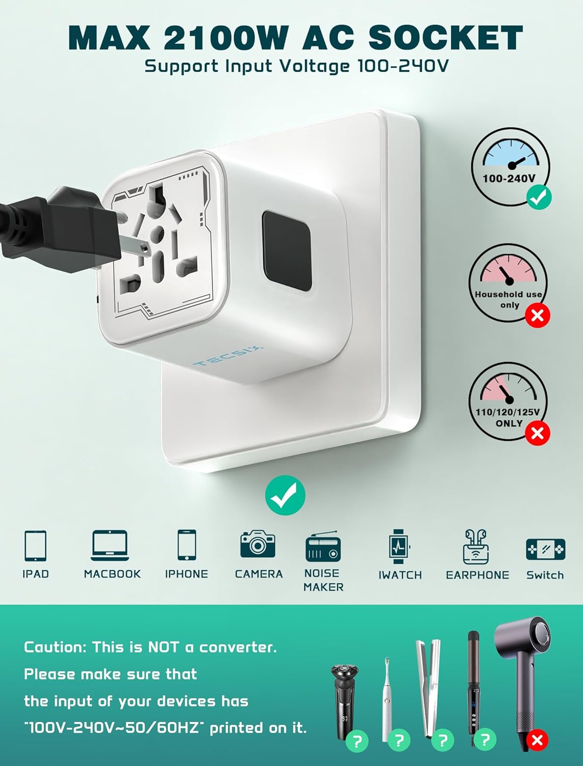 Universal Travel Adapter Worldwide, TECSIX Compact Travel Power Plug Adapter (Type A C G I), 2500W Internetional Wall Charger Outlet Adaptor to Europe, India, UK, US, AUS, Asia 200+ Countries - Image 5