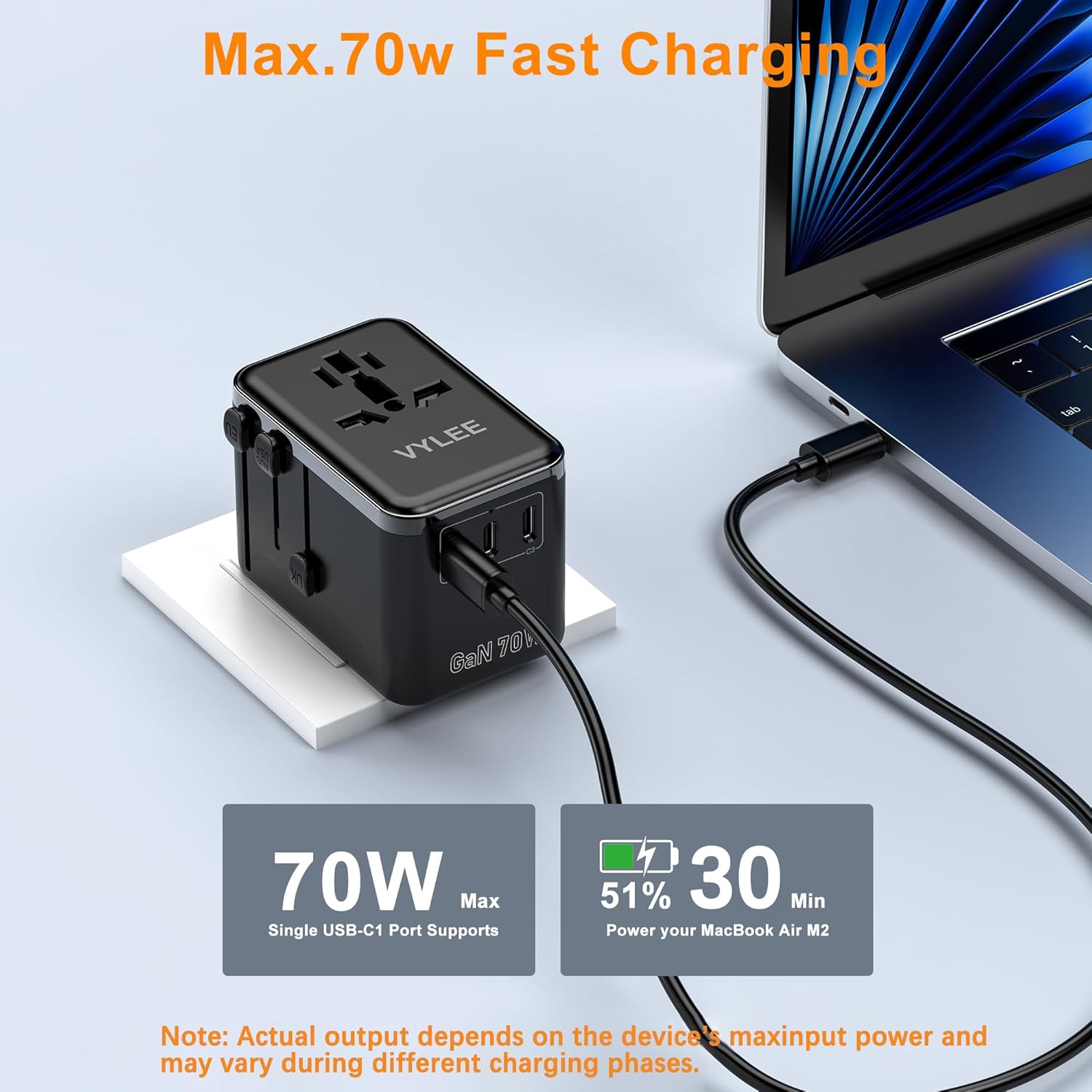 Universal Travel Adapter, VYLEE 70W International Plug Adapter with PD Fast Charging, 5-Port (1 AC/1 USB-A/3 USB-C), Wall Charger Worldwide Travel Essentials Plug for USA EU UK AUS Japan (Black) - Image 3
