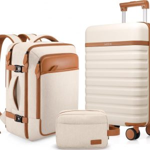 UKEIN Luggage Sets 3 Piece, Carry On Luggage 20In With Spinner Wheels,PC Hardside Suitcase Set with TSA Lock,Durable Carry On Suitcase With Travel Backpack for Men (Beige, 3 piece set (20inch))