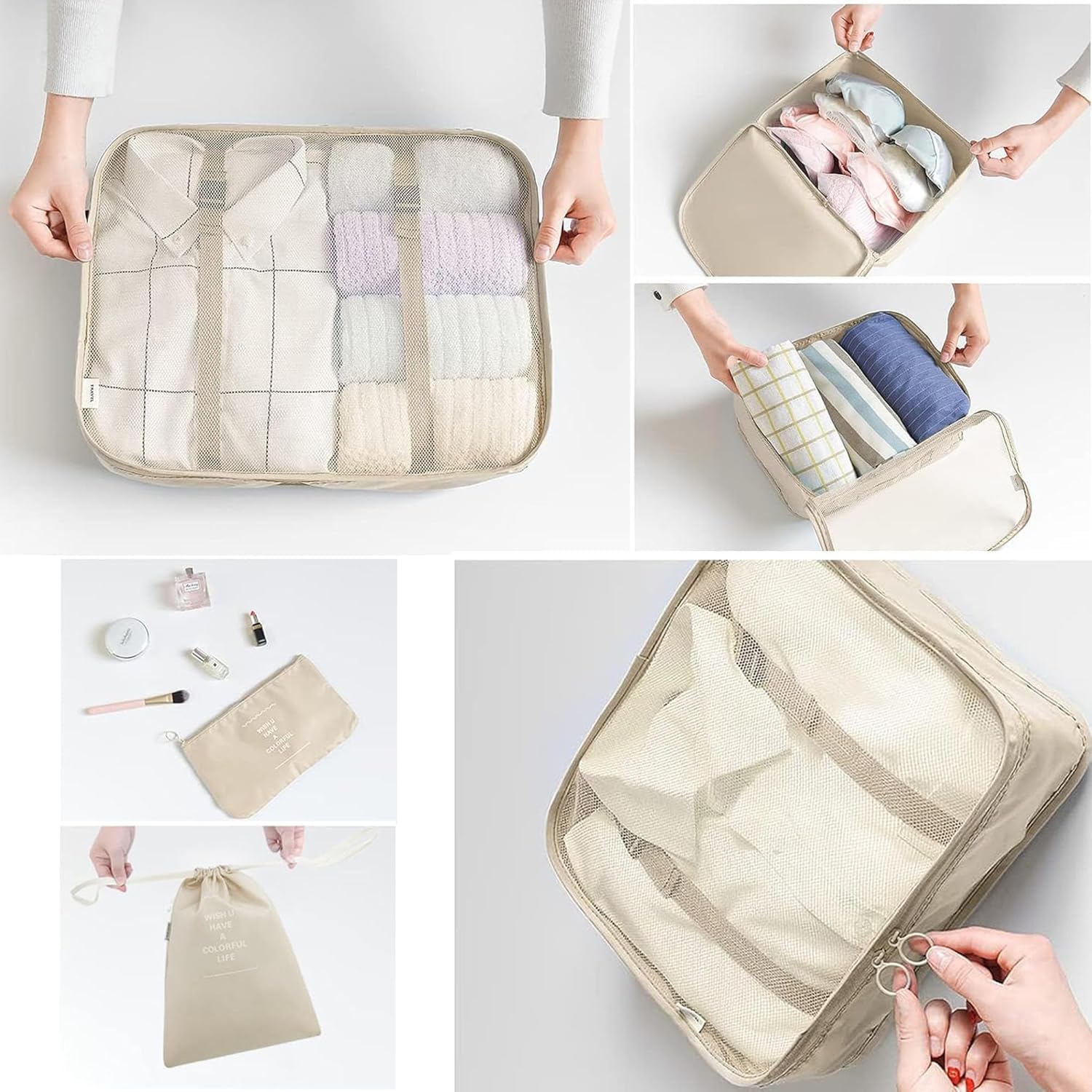 6 Set Packing Cubes for Travel, Luggage Organizers with Shoe & Toiletry Bags, Lightweight Suitcase Organizer for Carry-On, Washable Laundry Bags (Beige) - Image 3