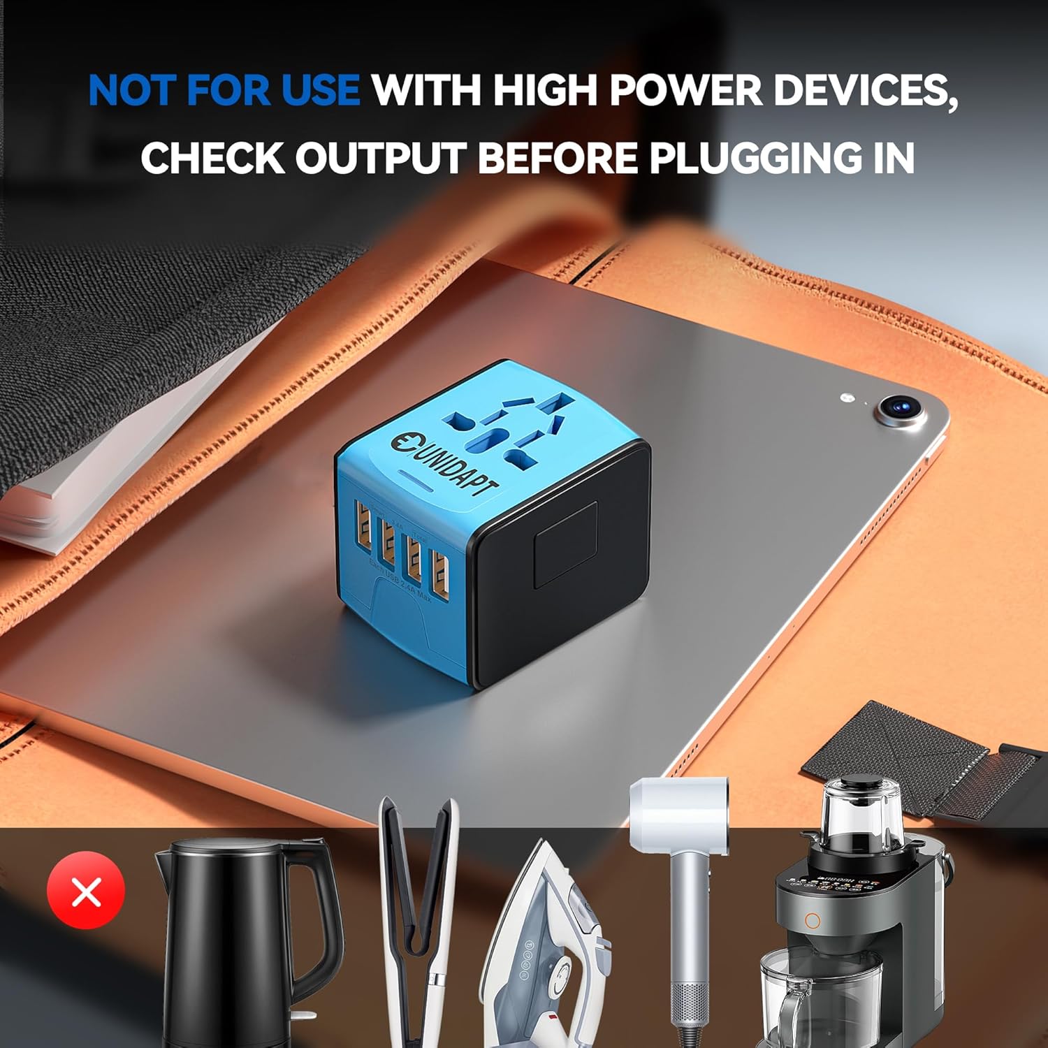Unidapt Universal Travel Adapter, International Plug Adapter Fast 2,4A 4-USB European Power Plug, AC Wall Charger - Worldwide Outlet for Europe US USA UK EU AUS, Blue - Image 7