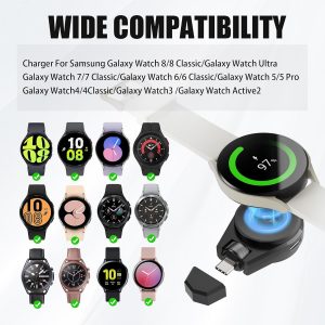 Portable Charger for Samsung Galaxy Watch 7/8, 2 in 1 USB-C Travel Charger Compatible with Galaxy Watch 8/7/6/6 Classic/5 Pro/4/3, 90° Rotatable Smartwatch Charging for Galaxy (No Built-in Battery)