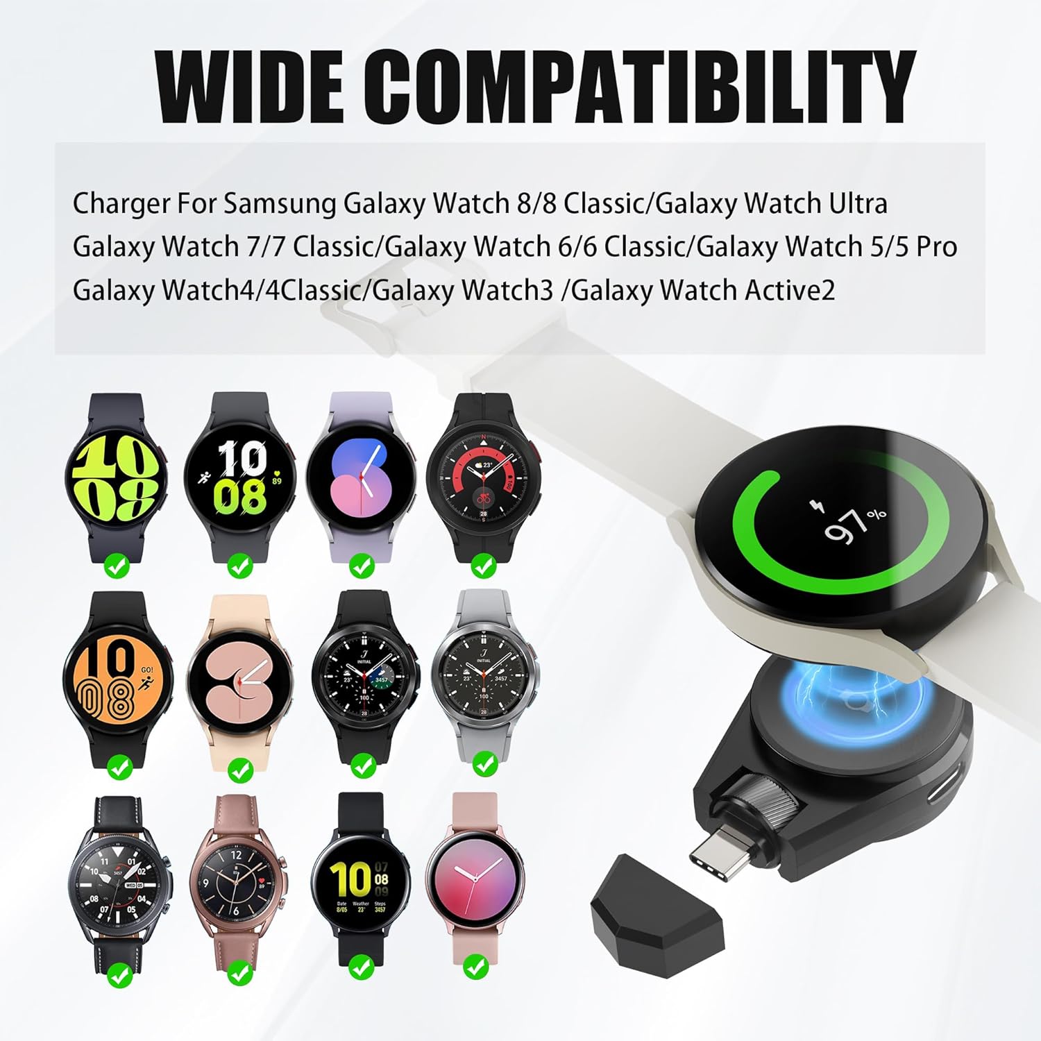 Portable Charger for Samsung Galaxy Watch 7/8, 2 in 1 USB-C Travel Charger Compatible with Galaxy Watch 8/7/6/6 Classic/5 Pro/4/3, 90° Rotatable Smartwatch Charging for Galaxy (No Built-in Battery) - Image 2