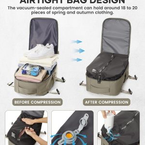 BOXSAM Vacuum Travel Backpack with Pump for Women, Personal Item Carry on Vacpack Backpacks Flight Approved 18x14x8 inches for Men,Laptop Waterproof Work Compression bags Casual Daypack GreyBrown