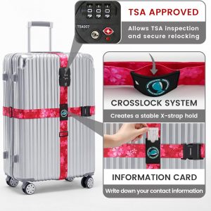 Travelkin Luggage Straps TSA Approved – Adjustable Cross Suitcase Straps with TSA Lock, Reinforced Buckle, Unique Pattern – Secure Heavy Duty Luggage Straps for Travel (Sakura)