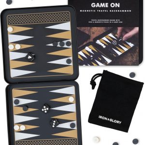 Iron & Glory Magnetic Travel Backgammon Set Durable Tin Case with Secure Magnetic Pieces, Compact & Portable Board Game for Family Strategy Game with Carry Pouch Easy On-the-Go Fun, Ideal Novelty Gift